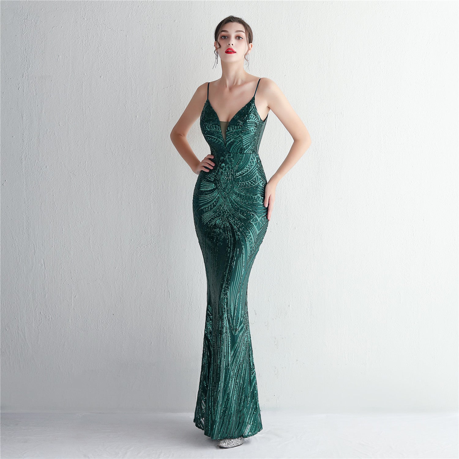 Positioning Flower Sling Party Sequin Dress Long Formal Party Slim Chic Elegant Evening Dress 5