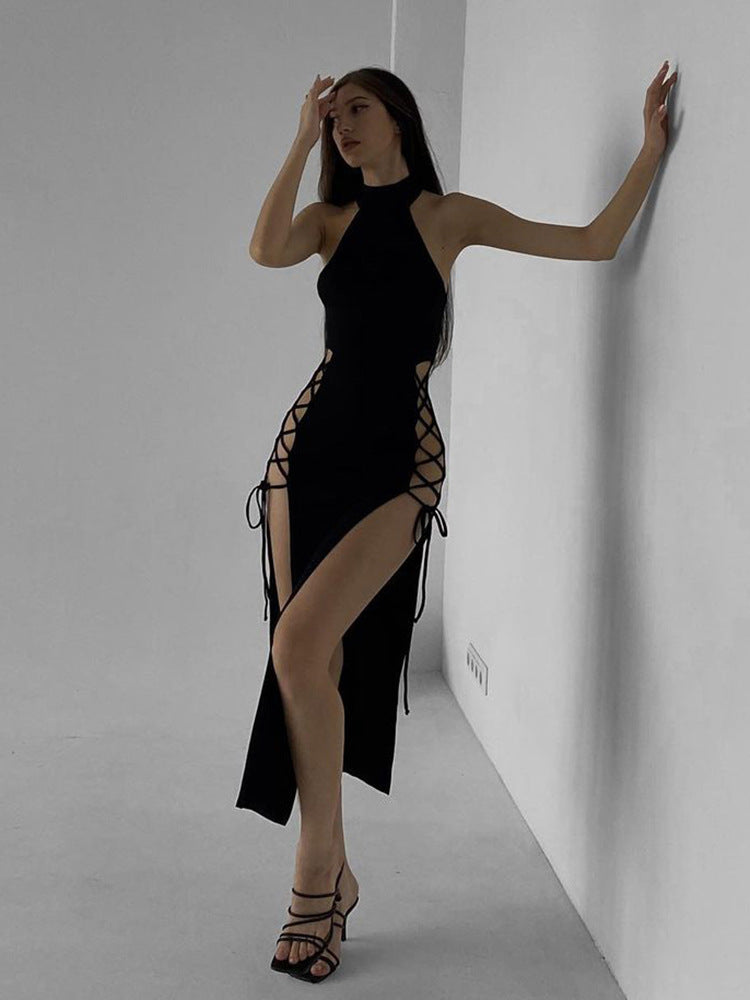 Sexy Halter Neck Cutout Double Slit Dress Slim Fit Maxi Dress