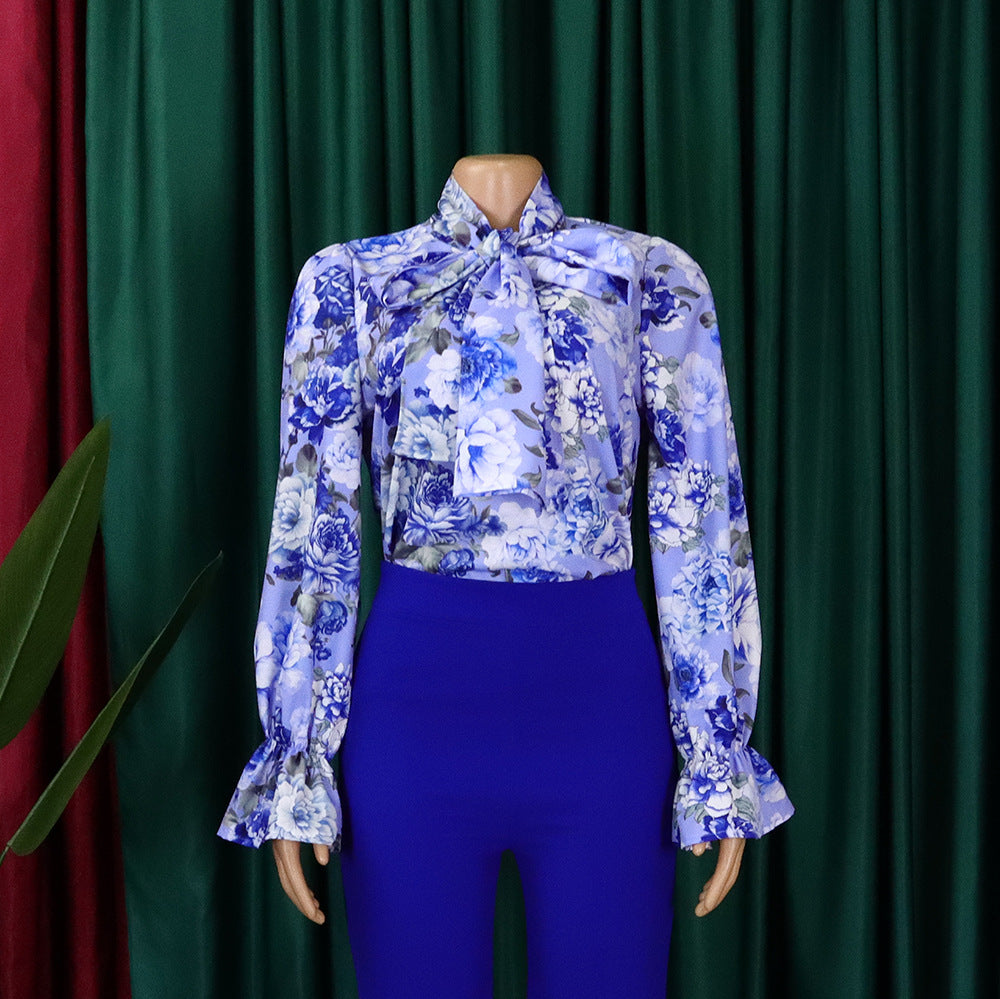 Women's Fashion Chic Slim Fit Printed Lace-Up Plus Size African Shirt 21