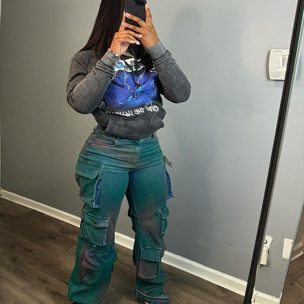 Women Style Pocket Tie Dye Denim Pants 4