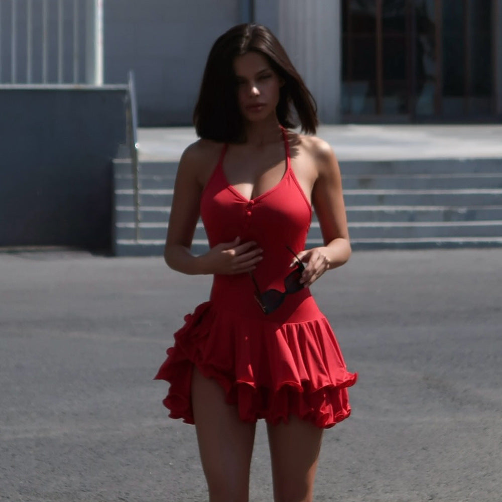 Summer Halter Neck Single-Button Ruffled Mini Dress 3