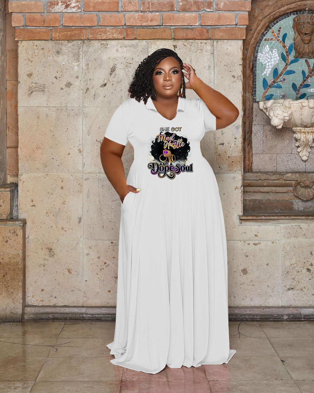 Plus Size Women Casual Turndown Collar Printed Short Sleeve Maxi Dress