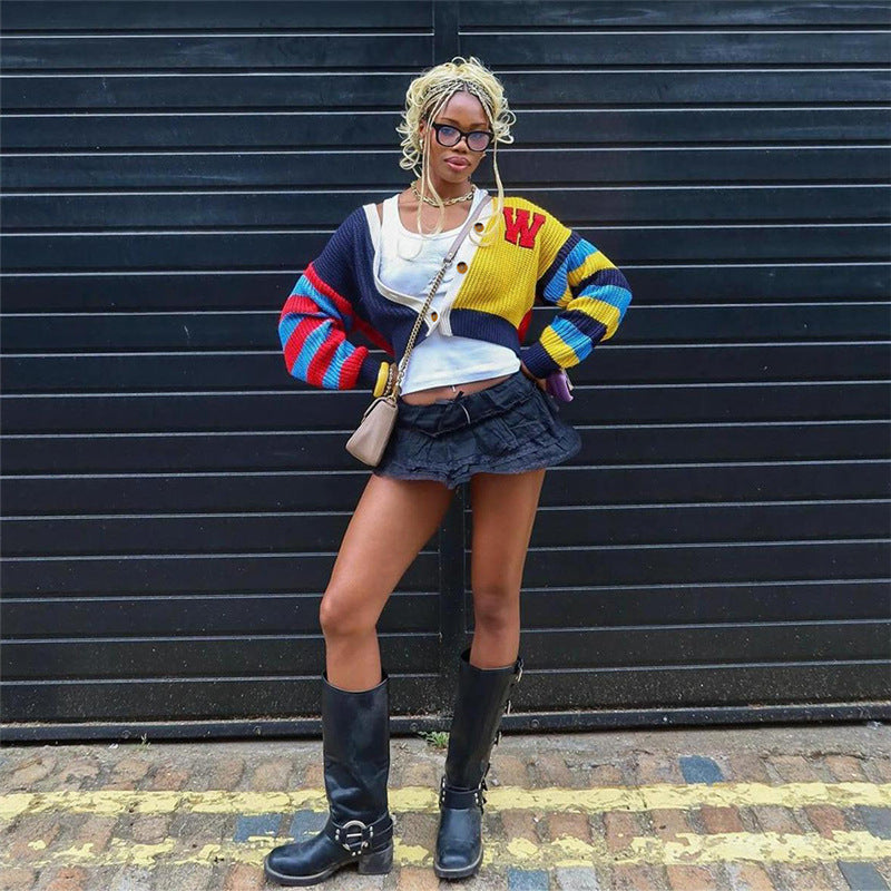 Women casual multi-color letter knitting button long sleeve crop jacket 5