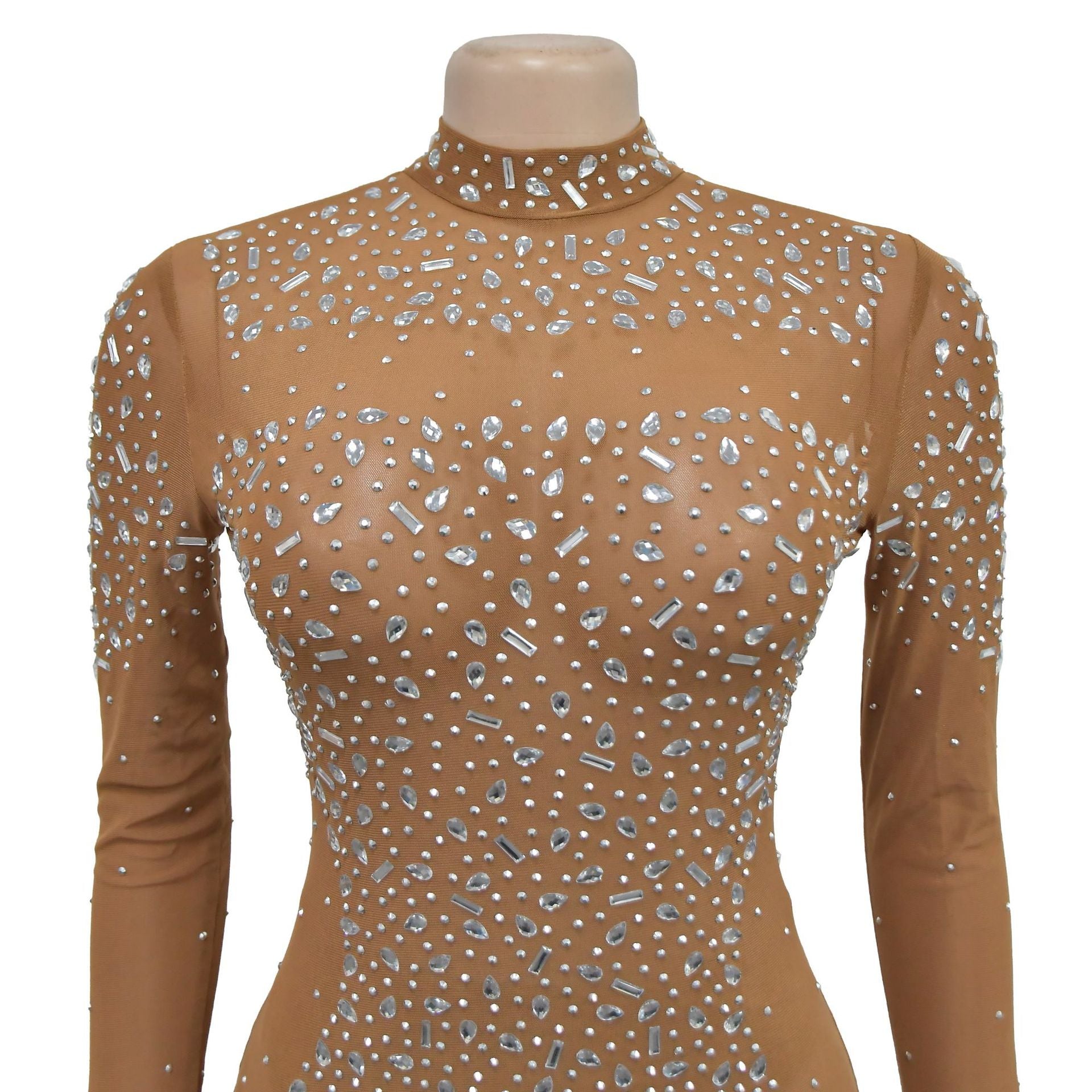 Women Solid mesh Beaded long sleeve dress 16