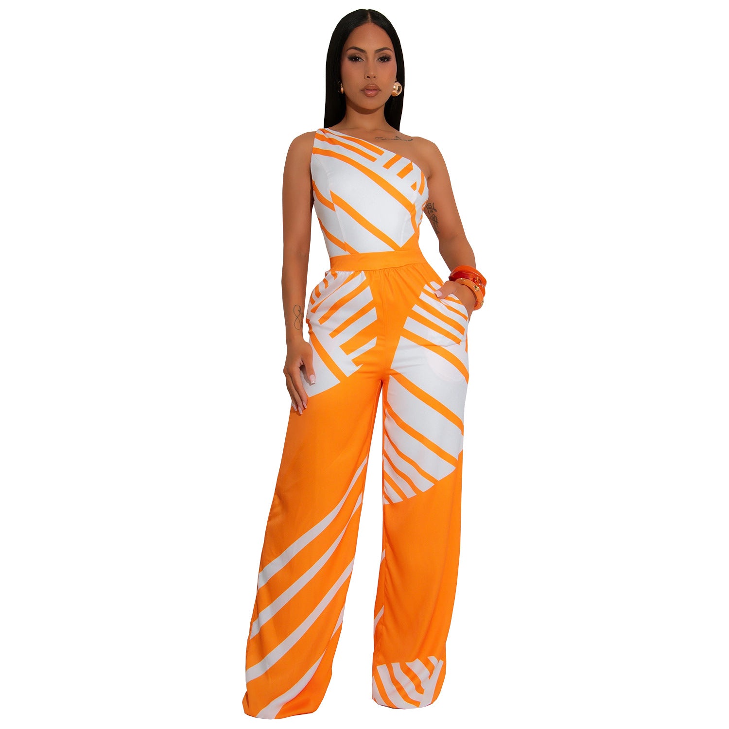 Fashion Women's Summer Casual Low-Back Slash-Shoulder Striped Jumpsuit 8