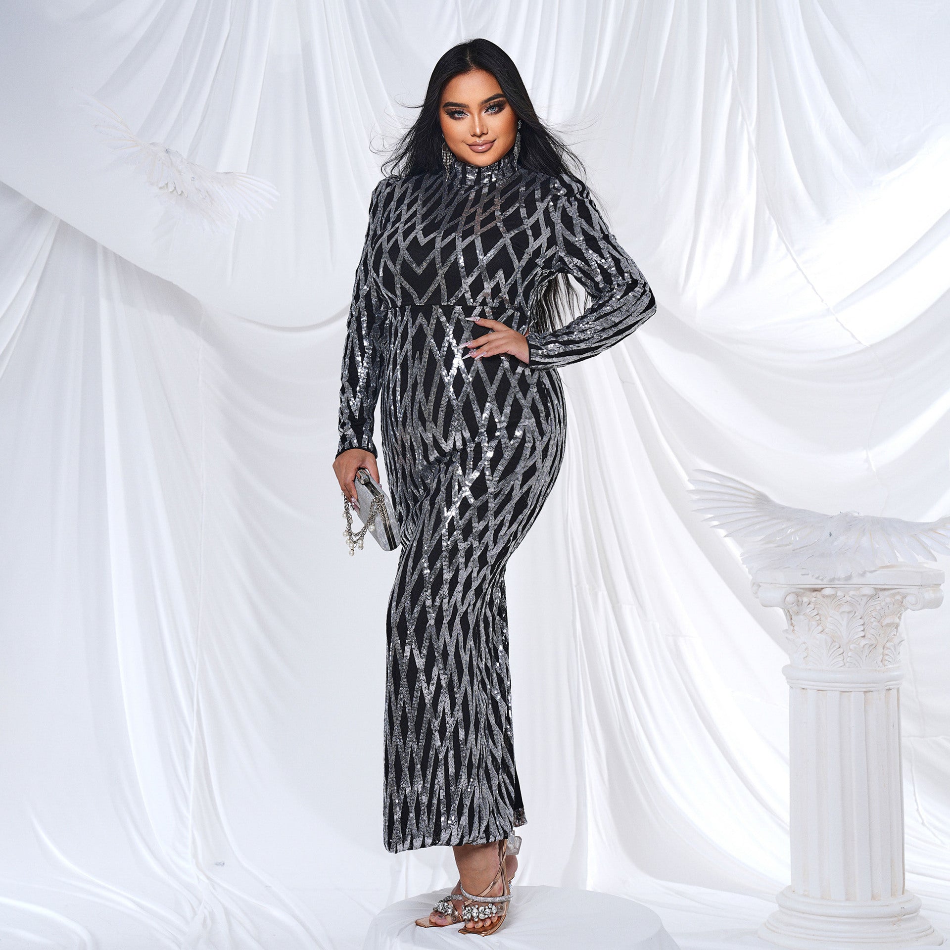 Plus Size Women Long Sleeve Round Neck Formal Party Sequined Fishtail Maxi Evening Dress 5