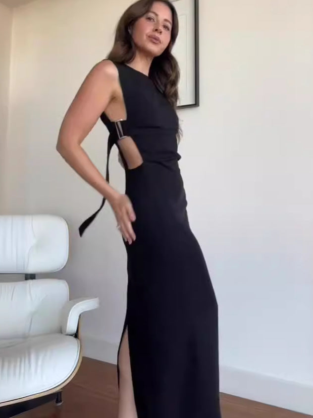 Summer solid color round neck sexy low back High slit long dress 3