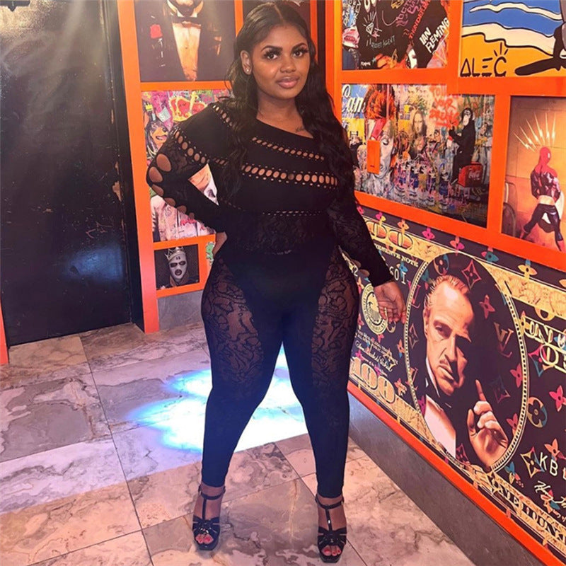 Women Sexy Hollow Knitting Jacquard High Waist Long Sleeve Jumpsuit 4