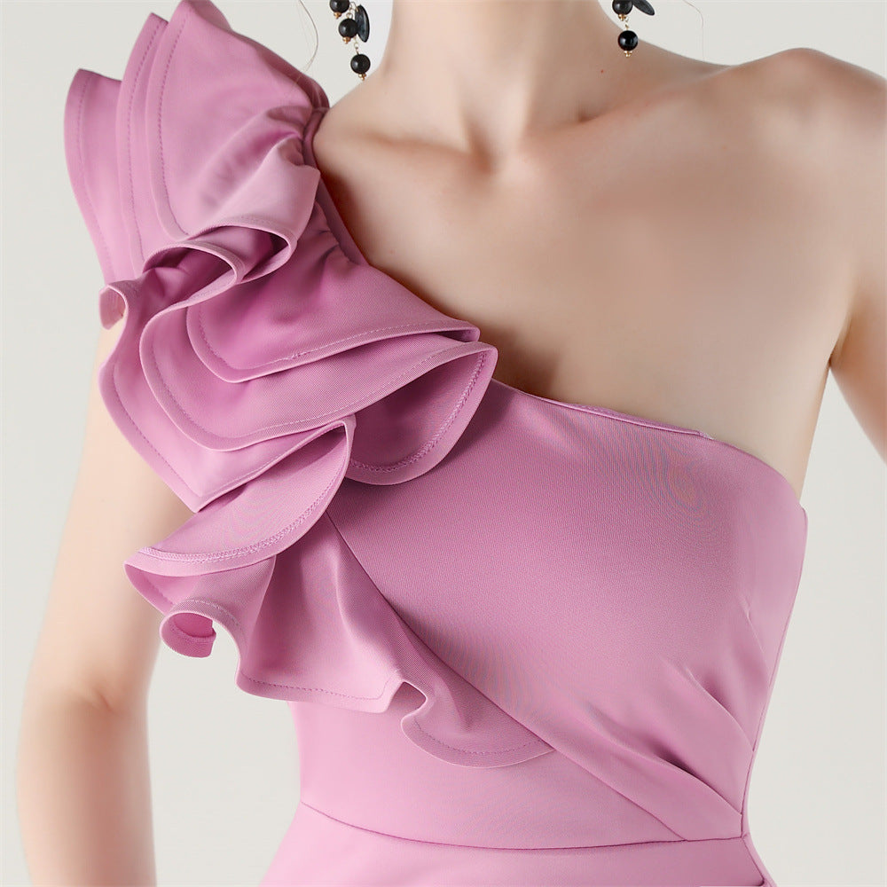 Women One-Shoulder Beaded Wool and Floral Satin Slit Sexy Evening Dress 74