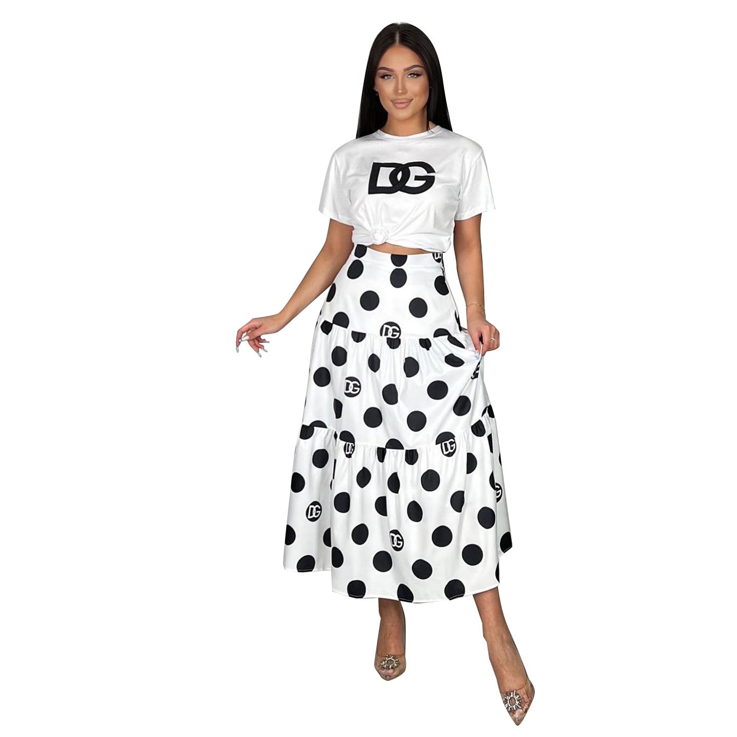 Women's Fashion Sexy Short Sleeve T-shirt Elegant Chic Print Flared Skirt Two-Piece Set 15