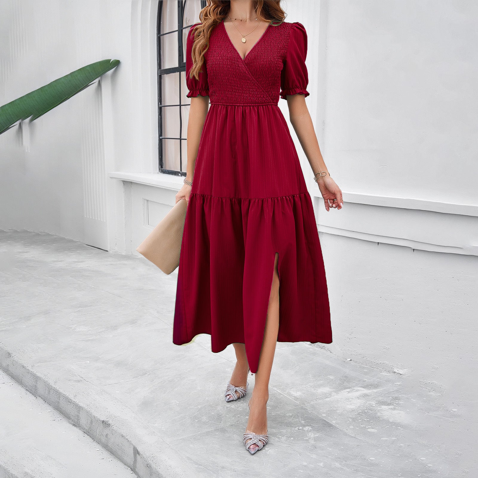 Women's Spring And Summer Solid Color Chic V-Neck Short-Sleeved Long Dress 8