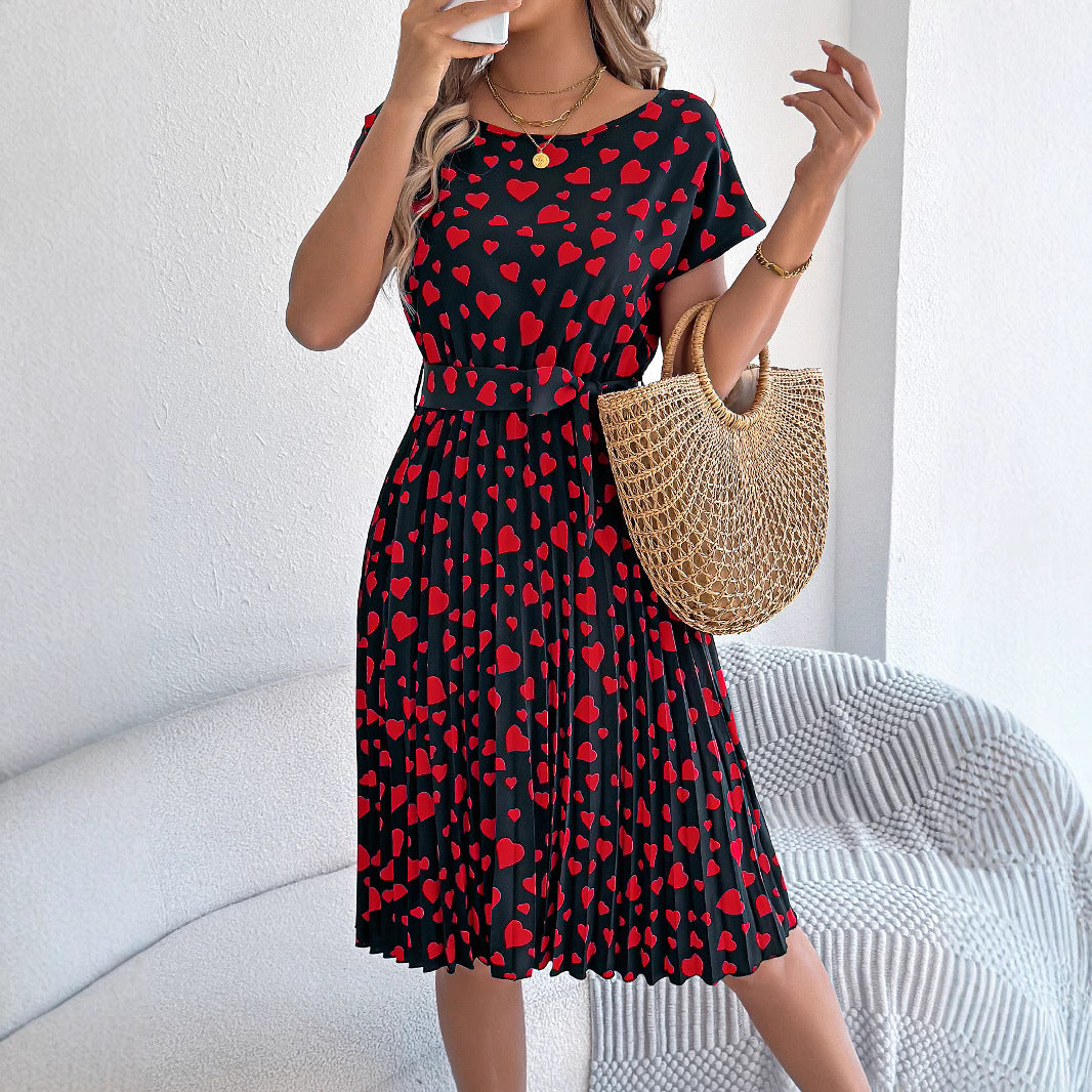 Women Spring and Summer Casual Contrast Heart Print Short Sleeve Pleated Dress 6