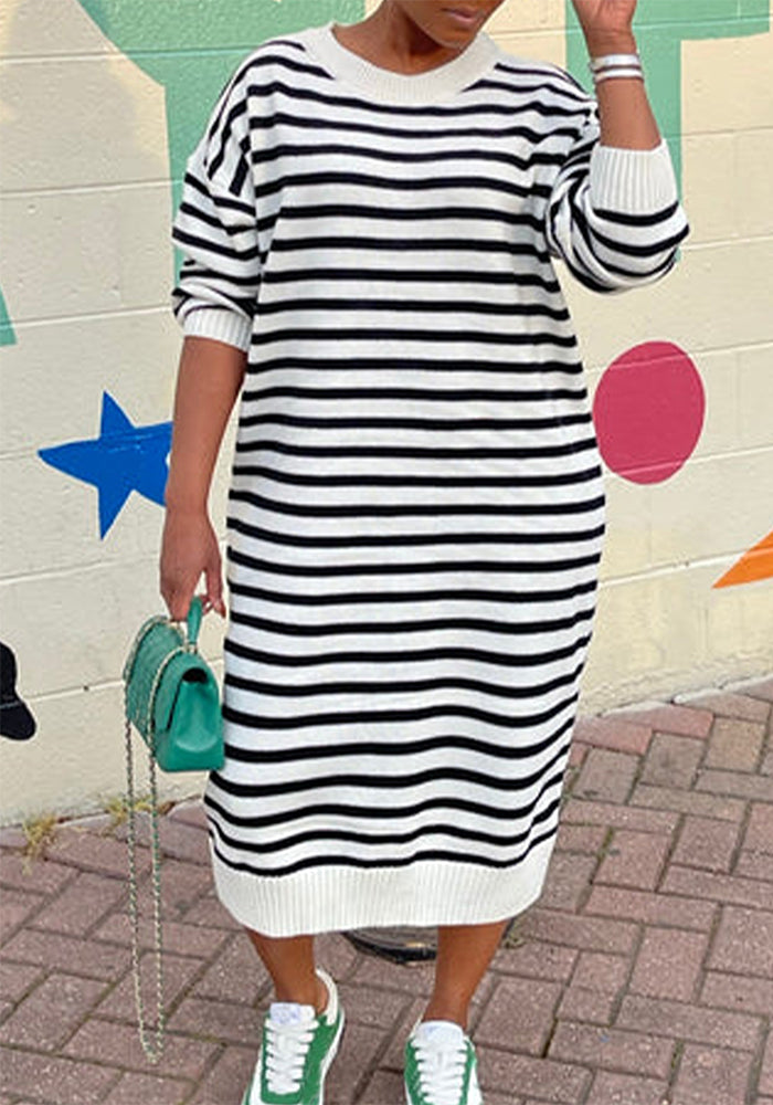 Autumn Winter Women's Fashion Striped Round Neck Plus Size Knitting Loose Long Dress