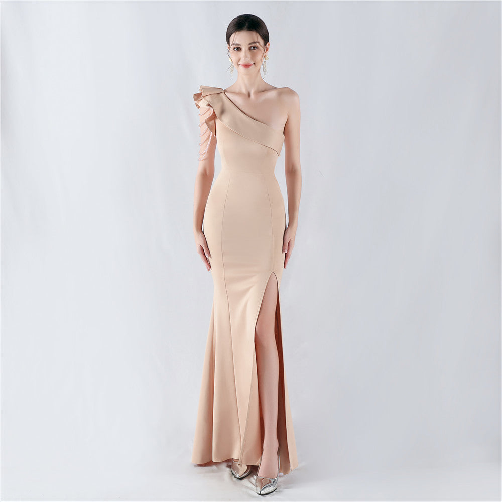 Women Beaded One-shoulder Slash Shoulder Evening Dress 16