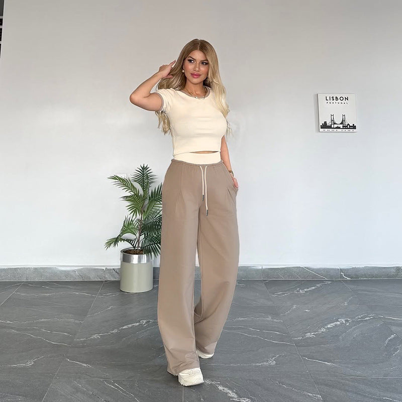 Women's Summer Color-Blocked Round Neck Short Sleeve Casual Pants Set 5