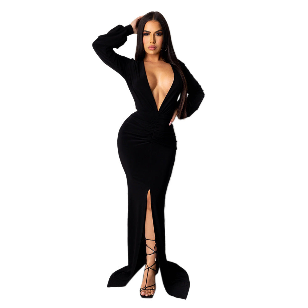 Women Solid V-neck Sexy Slit Long Sleeve Dress 14