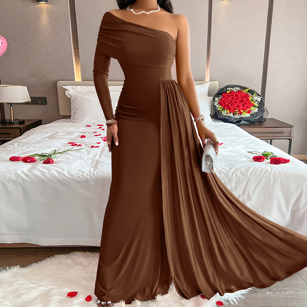 Summer Casual Sexy Women's Solid Color Slash Shoulder Slim Waist Long Dress 7