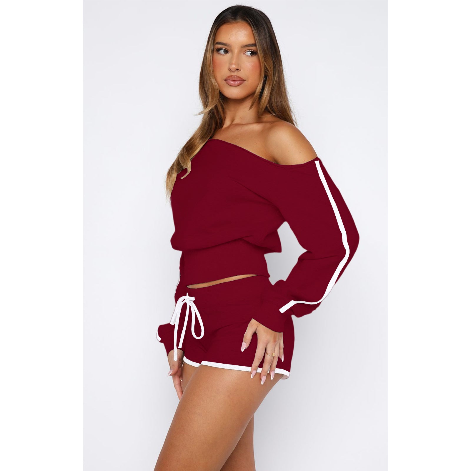 Women's Casual Slash Shoulder Long Sleeve Top Drawstring Shorts Two-Piece Set 48