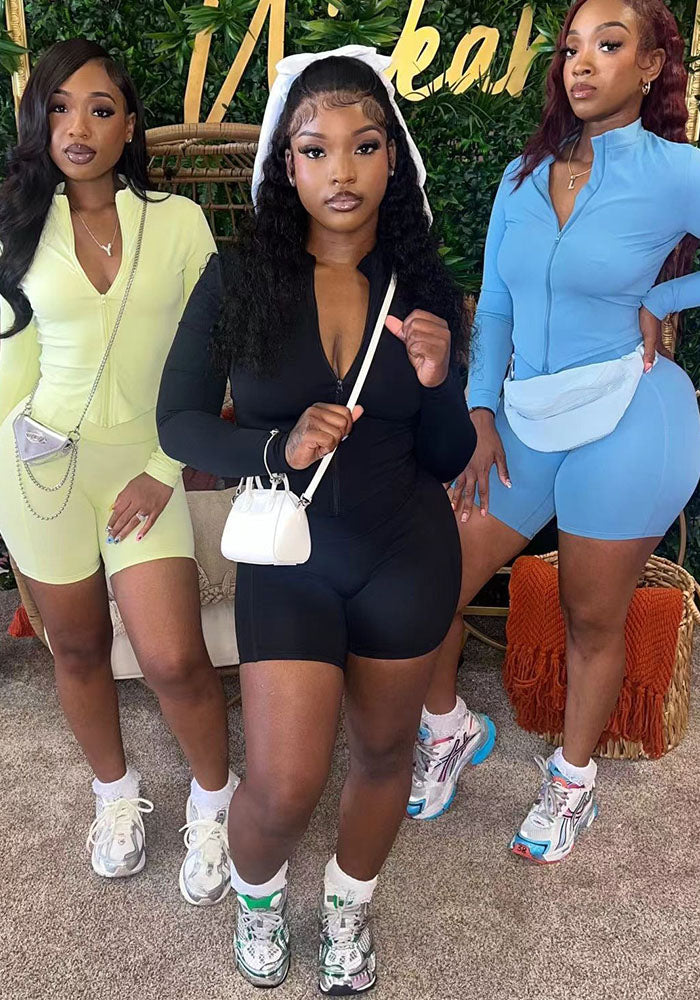 Women's Autumn Sports Casual Tight Fitting Slim Waist Solid Color Long-Sleeved Top Shorts Two-Piece Suit For Women