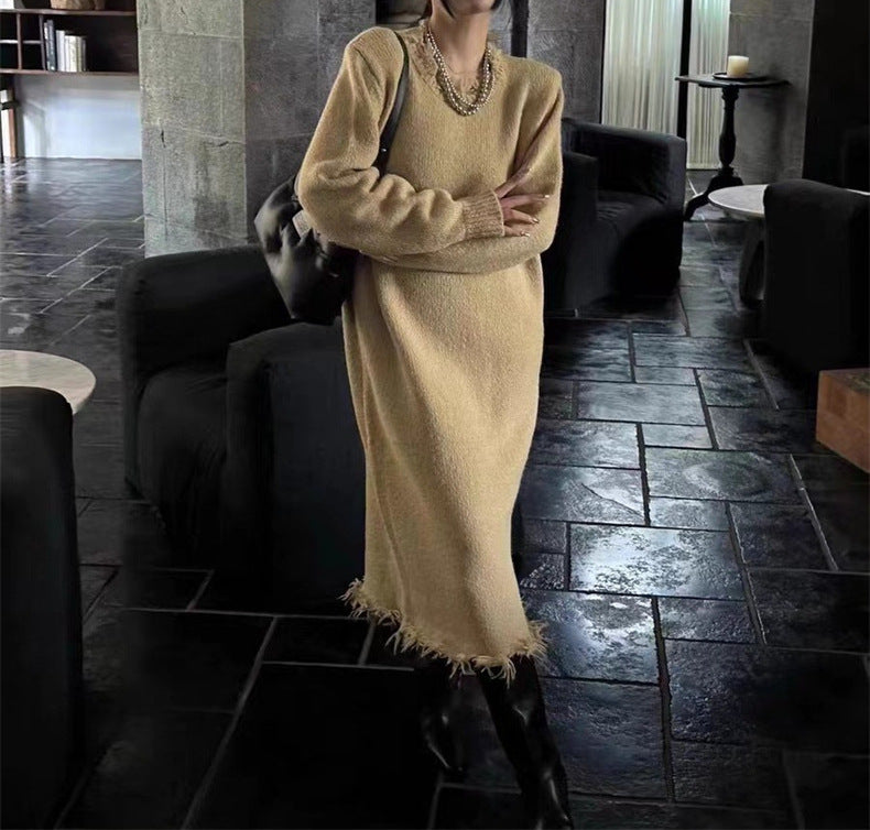 Long Ripped Raw Edge Knitting Dress Women's Autumn And Winter Loose Long Sleeve Basic Shirt 5