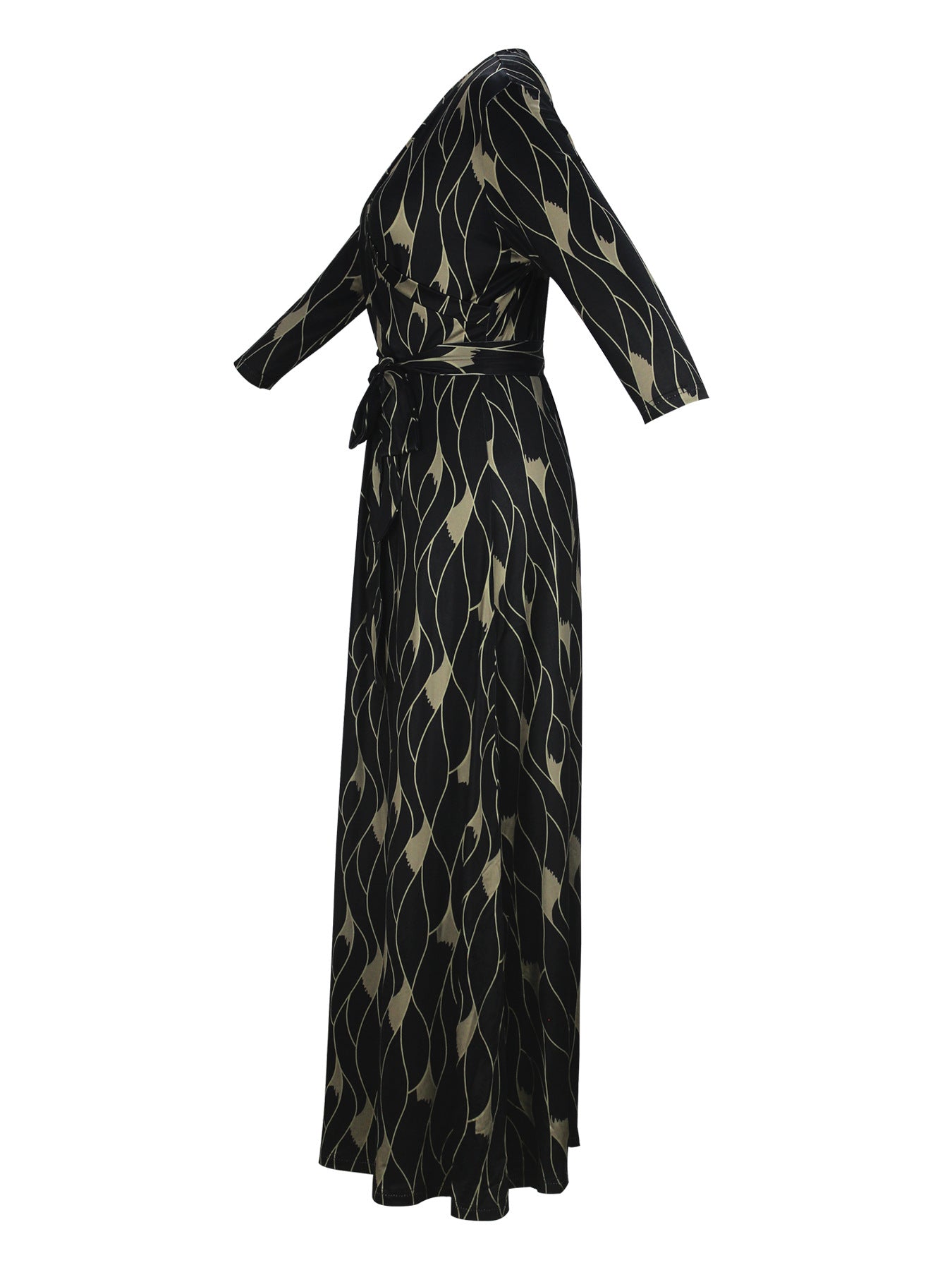 Spring & Autumn Women's Fashion Elegant Wrap V-Neck Half-Sleeve Print Belt Maxi Dress 57