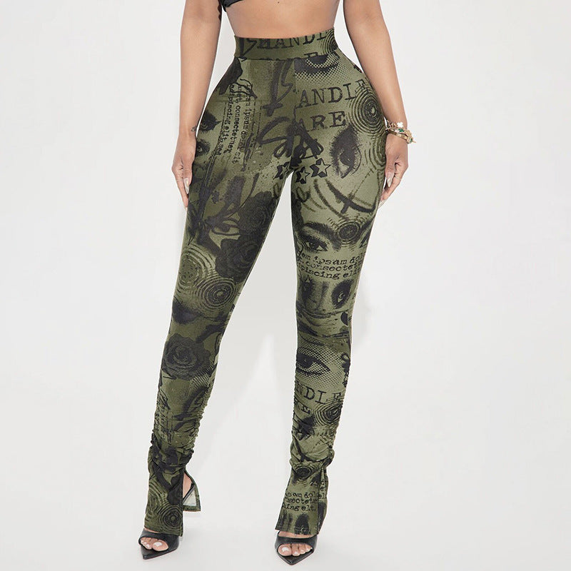 Women Spring/Summer Printed Stretchy Slit Gathered Casual Pants 3