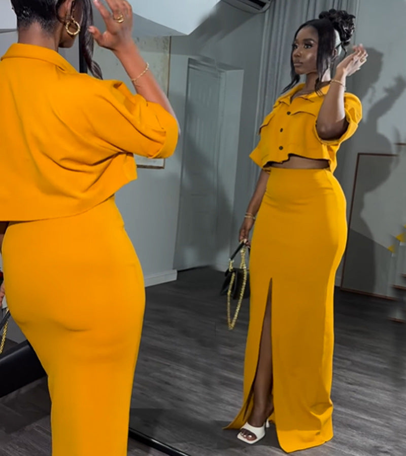 Women's Summer Turndown Collar Fake Pocket Shirt Top Slim Slit Skirt Two Piece Set 4