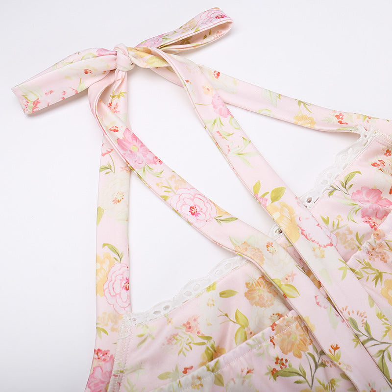 Summer Fashion Print Halter Neck Strap Long Dress 17