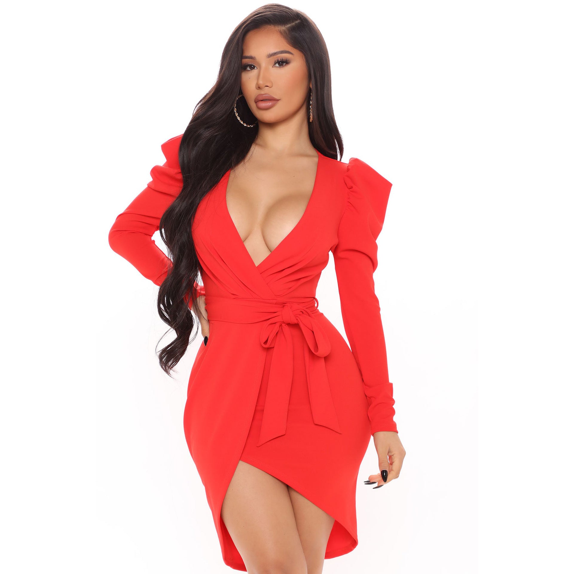 Sexy V-Neck Puff Sleeve Lace-Up Solid Color Dress 4