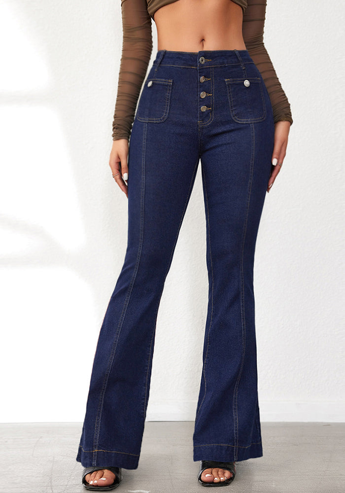 Spring Buttoned Slim Fit Women's High Waist Flare Denim Pants
