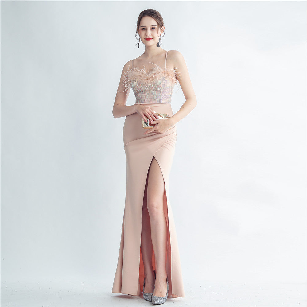 Feather Beaded straps Side Slit formal party Evening Dress 9