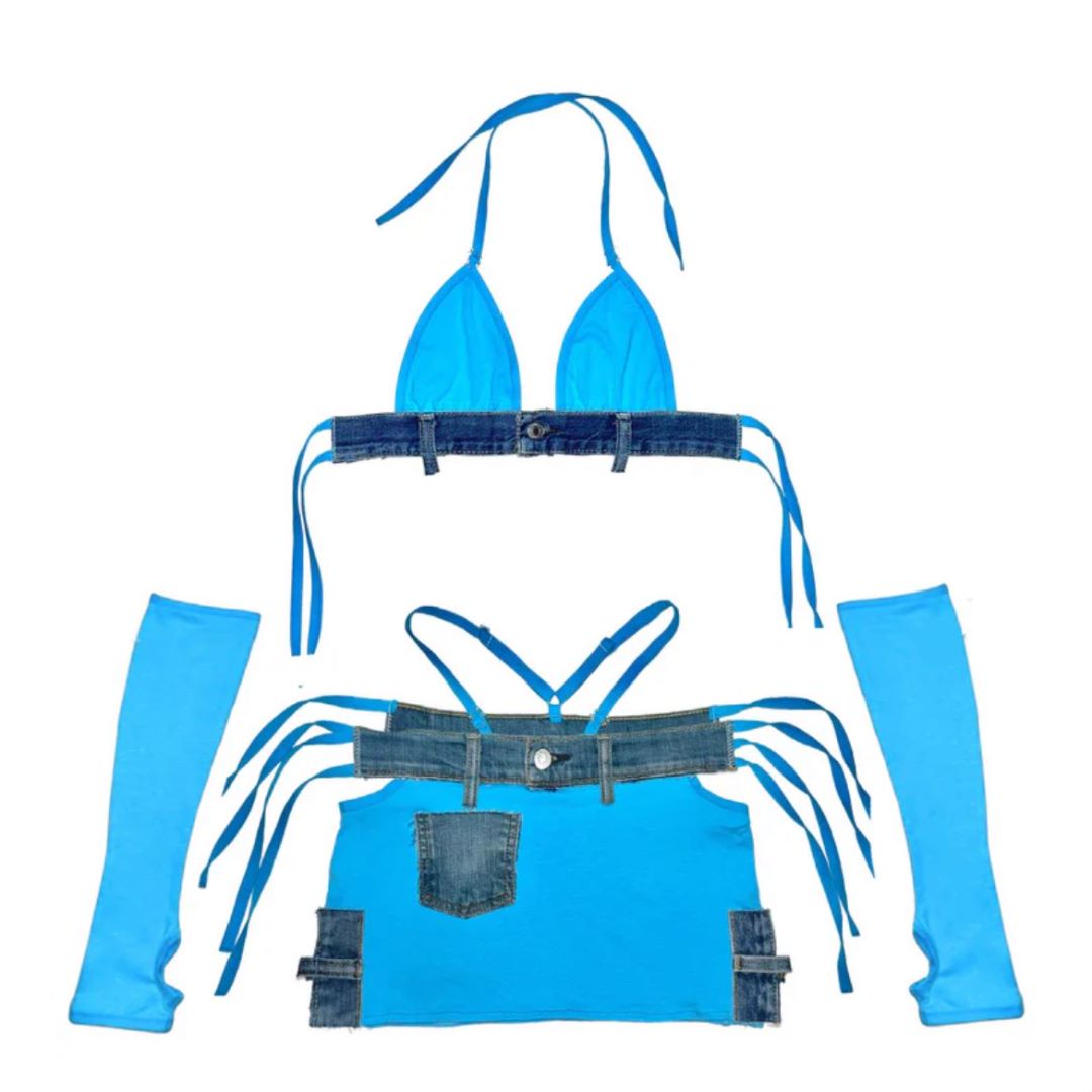 Women Backless Sexy lace-up vest suspender bra sleeves set / Denim Patchwork Mini Skirt 4