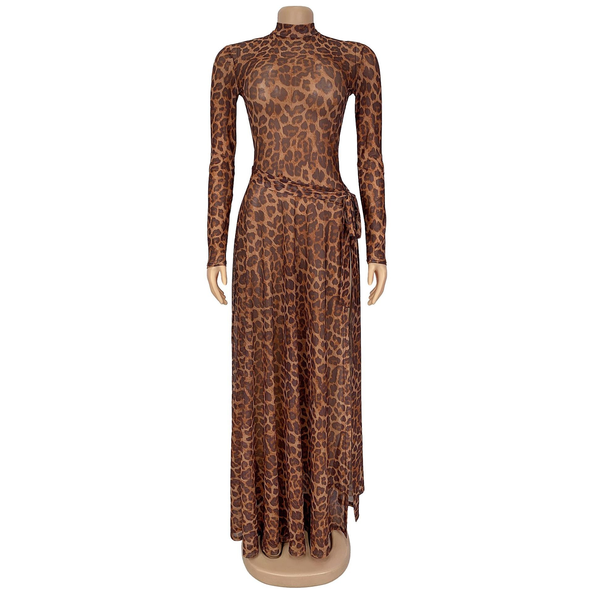 Women Sexy Leopard Print Long Sleeve Slit Dress 6