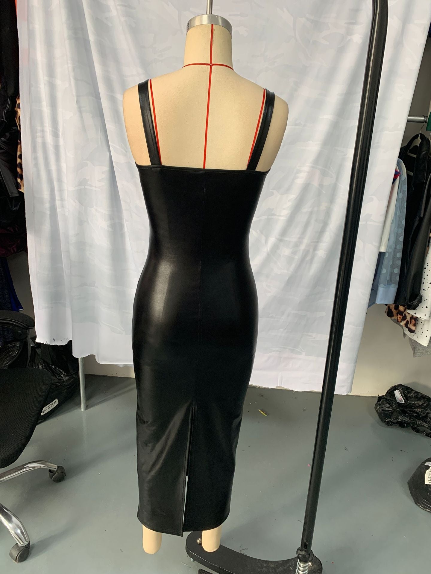 Spring & Summer Fashion Strappy Slim Waist Bodycon Back Slit Midi PU Dress 10