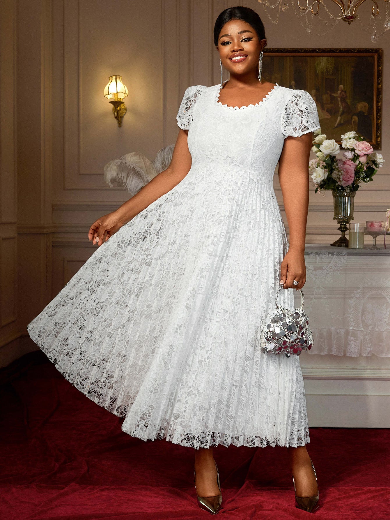 Plus Size Lace Trim Elegant Square-Neck Flared Party Dress 7