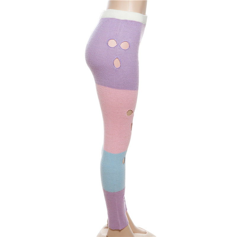 Autumn Casual Women Sexy Hollow Contrast Color Knitting High Waist Straight Pants 16