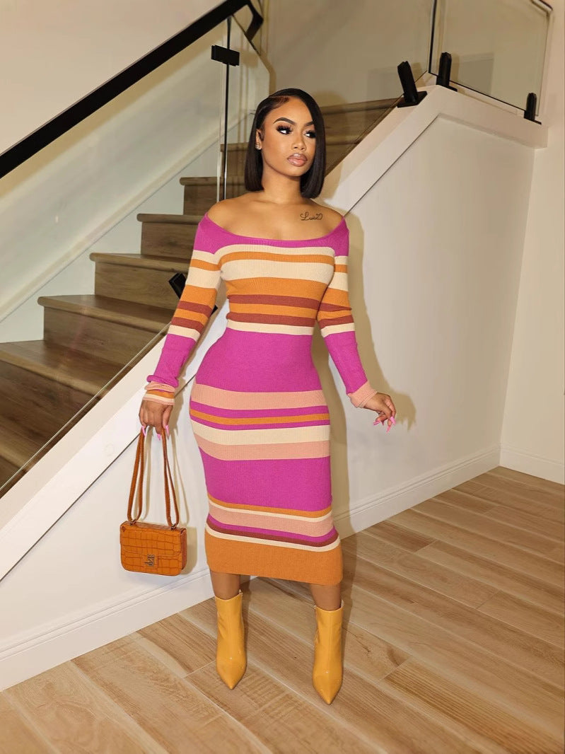 Autumn Winter Sexy Long-Sleeved Striped Print Bodycon Dress 5