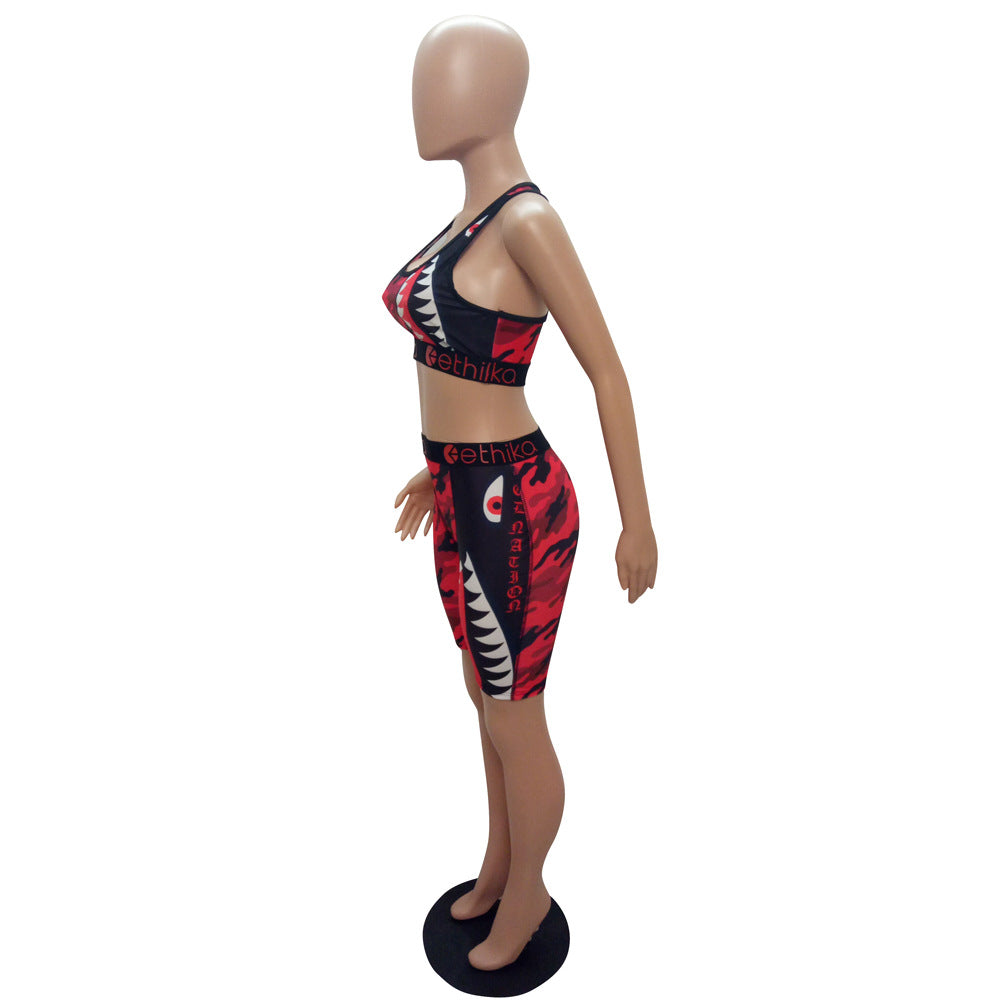 Cartoon Print Casual Camouflage Tank Biker Shorts Two-Piece Set 20