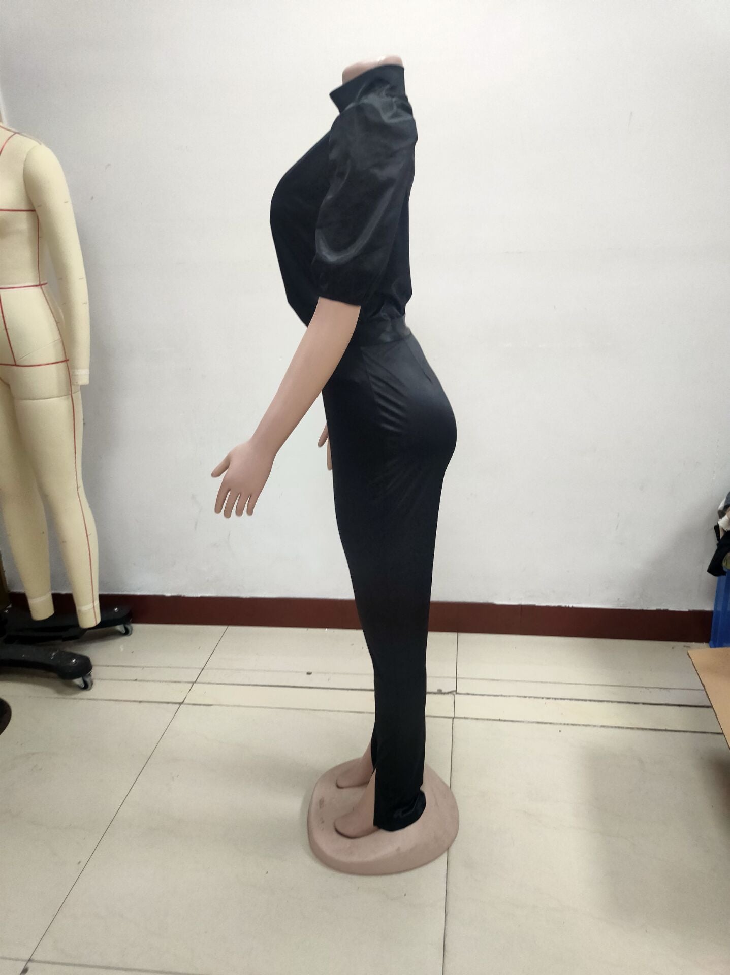 Sexy Solid Color Turtleneck Short Sleeve Two Piece Nightclub Pants Set 12