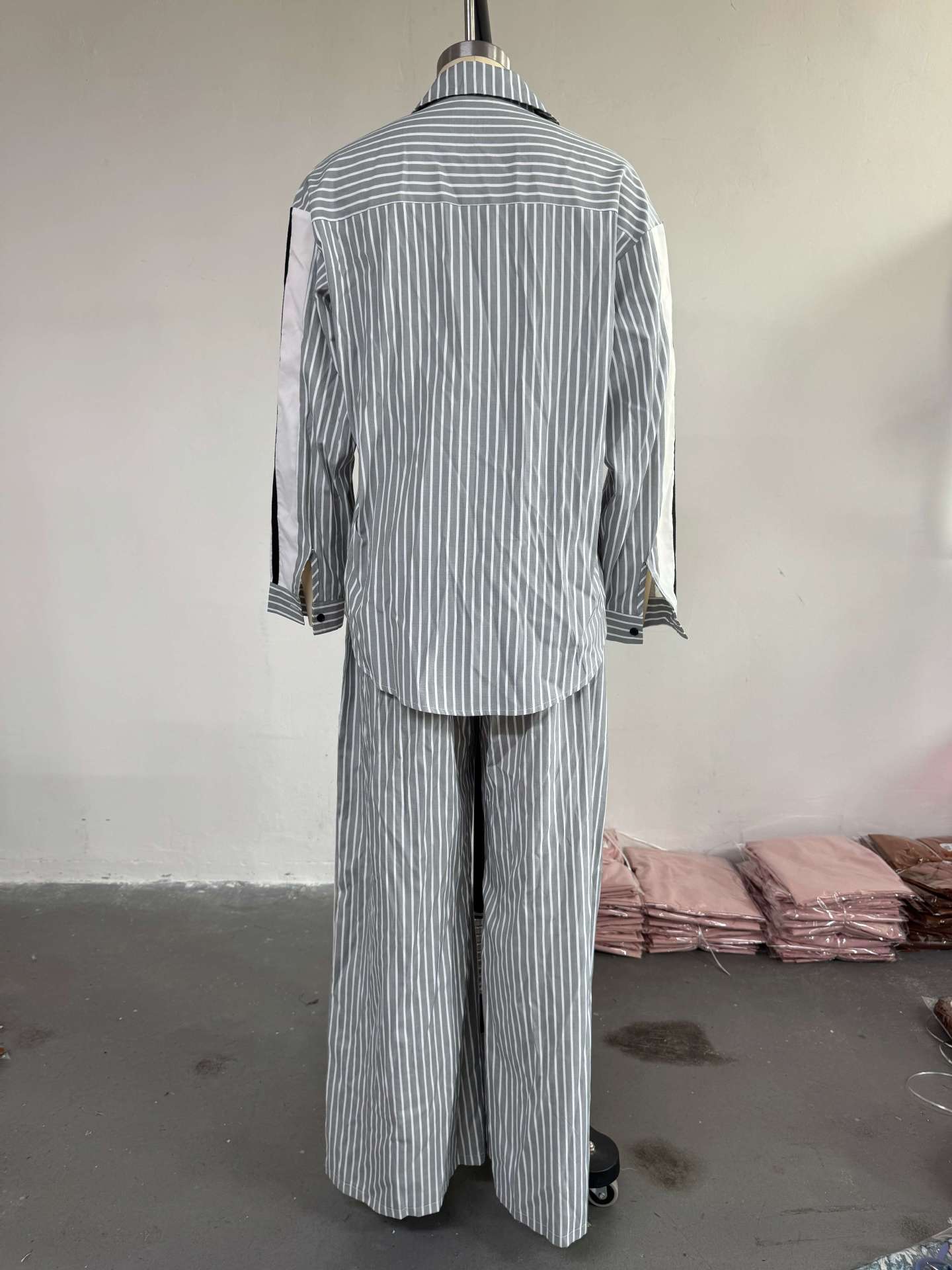 Women summer Turndown Collar striped long-sleeved shirt wide-leg pants Casual two-piece set 11