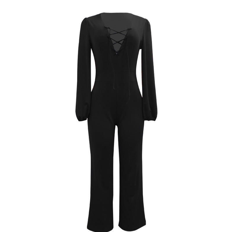 Women Sexy Long Sleeve V Neck Solid Jumpsuit 4