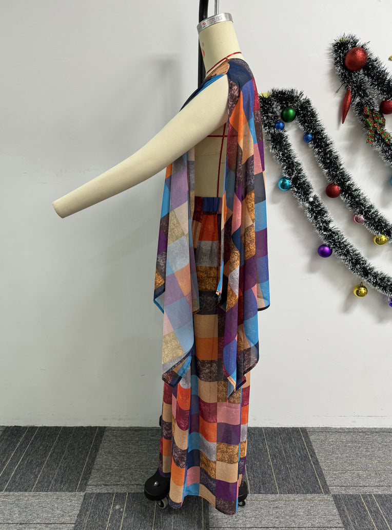 Sexy Printed Shawl Sleeveless Top Wide-Leg Loose Pants Two-Piece Set 10