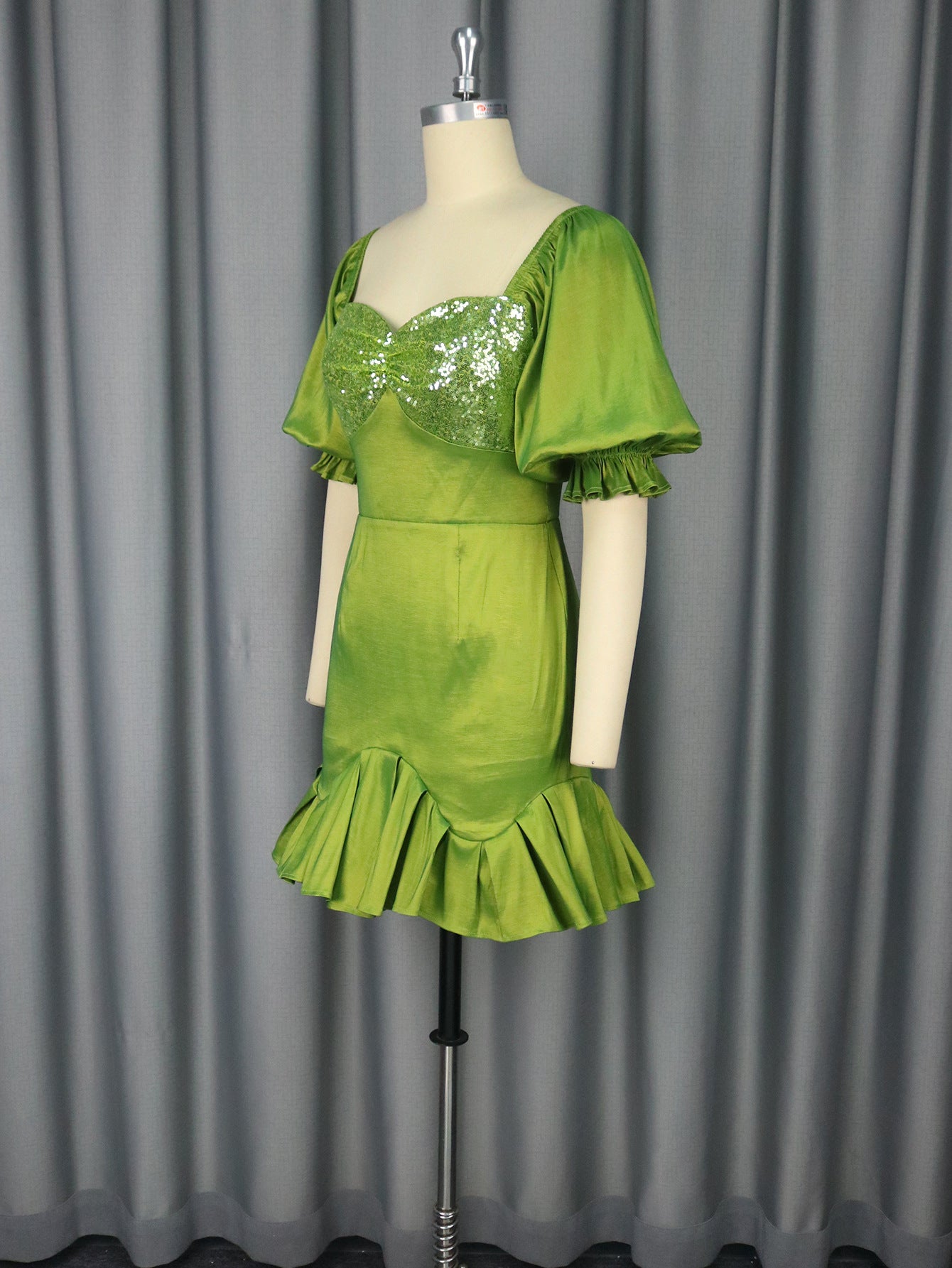 Elegant Puff-Sleeve Party Dress Sequin Patchwork Ruffled Formal Bodycon Gown 6