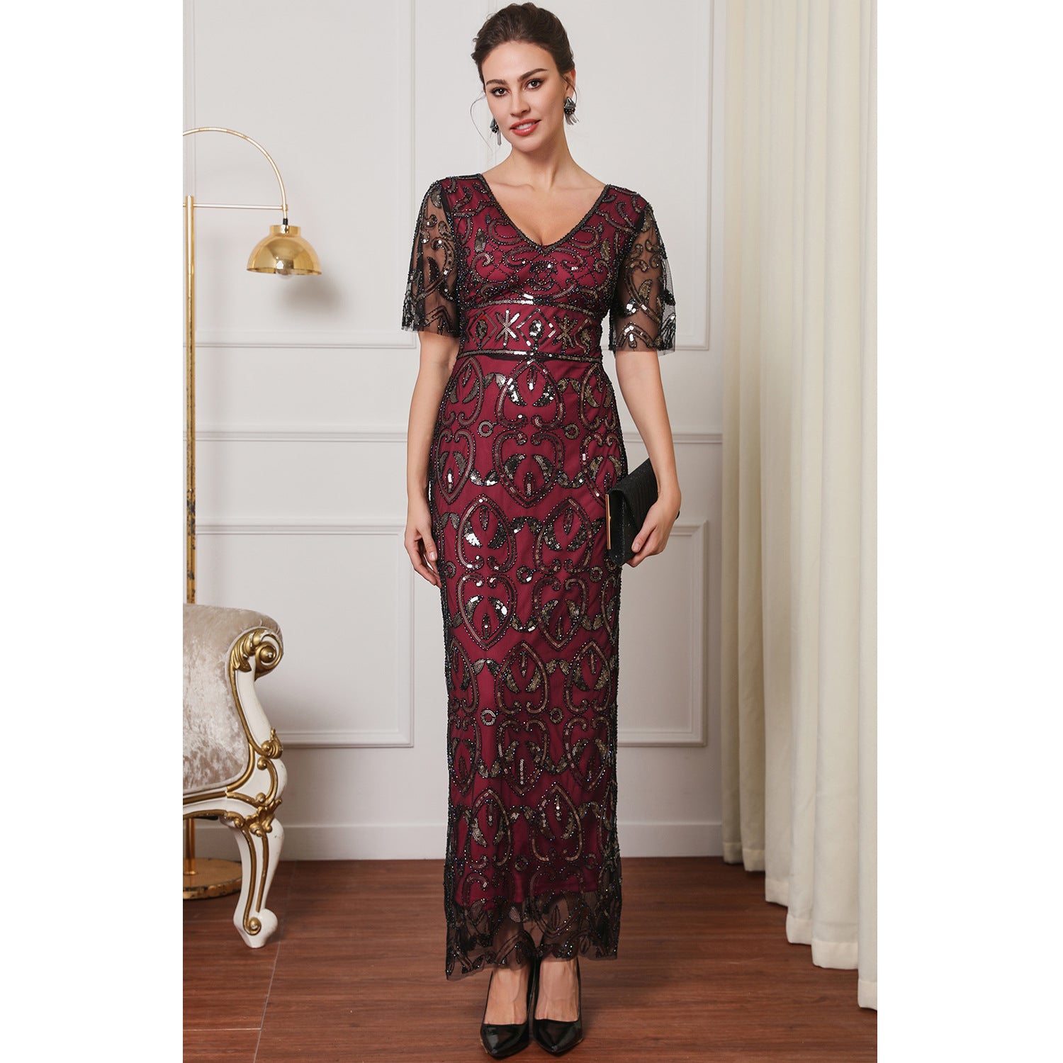 Women Elegant V Neck Sequin Formal Party Mesh Dress