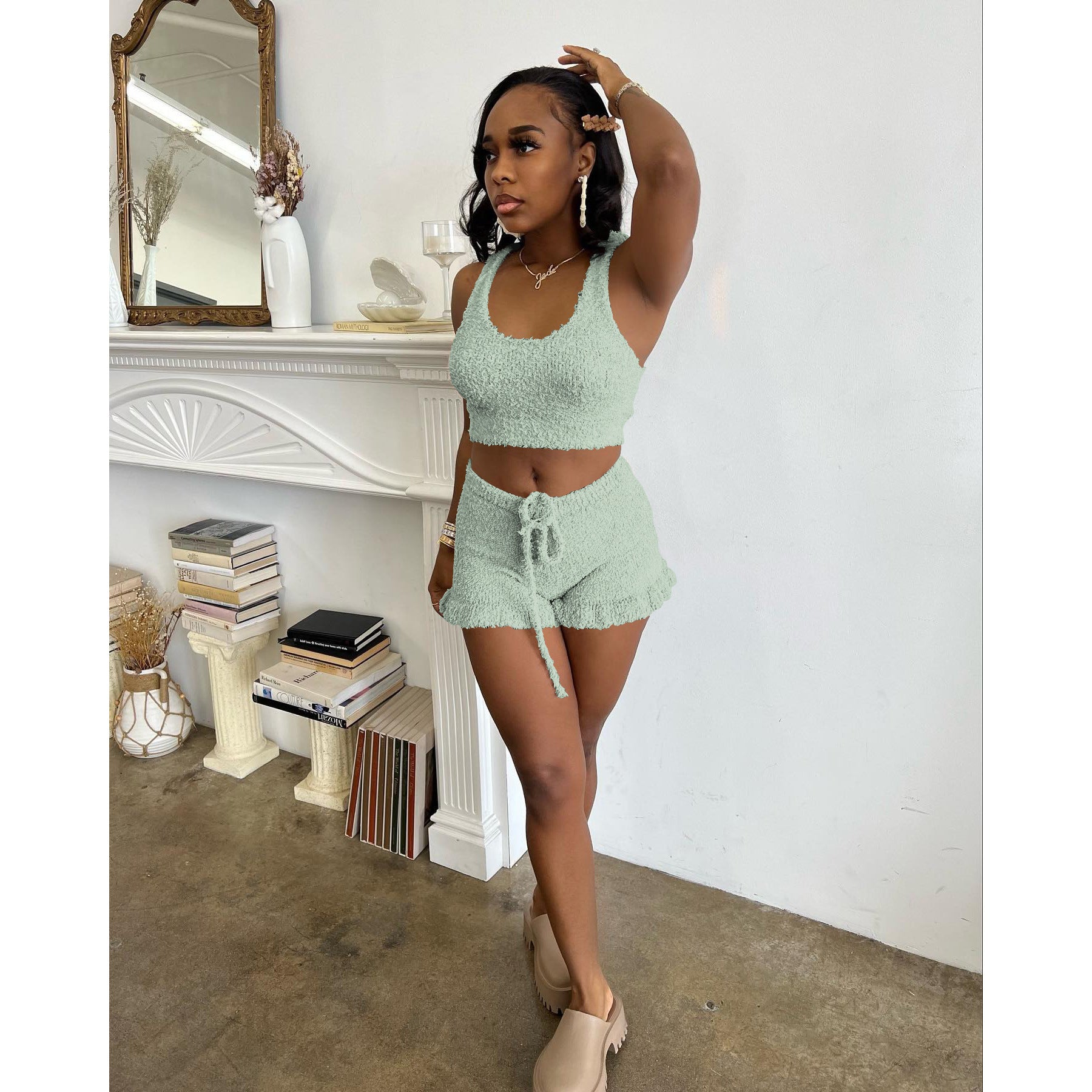 Ladies Spring Summer Stylish Fleece Comfort Tank Top Shorts  Two Piece Set 5