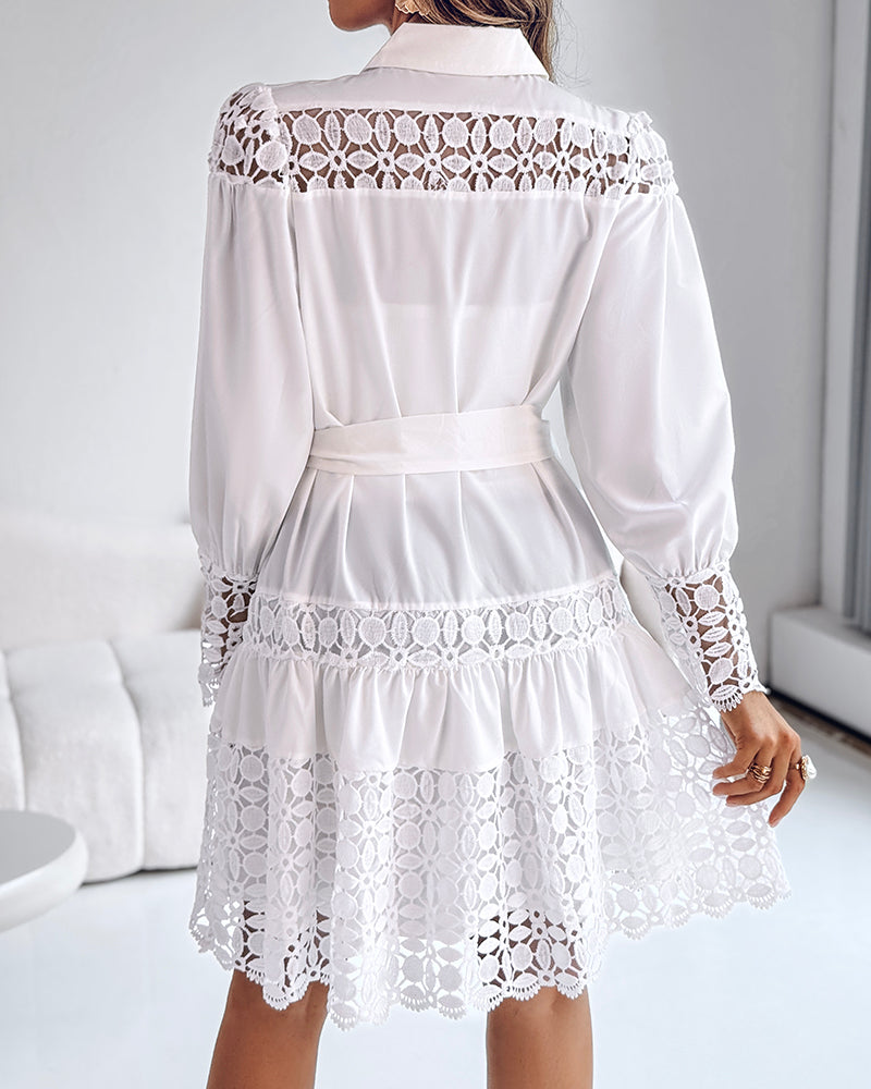 Lace Patchwork Long-Sleeve Belt Shirt Dress 3