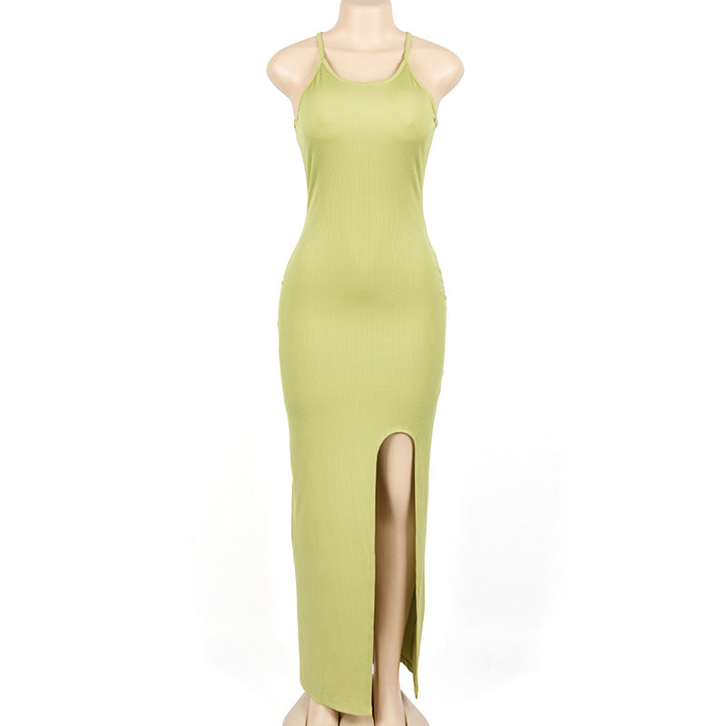 Women Summer Solid Sleeveless Round Neck Slit Bodycon Dress 10