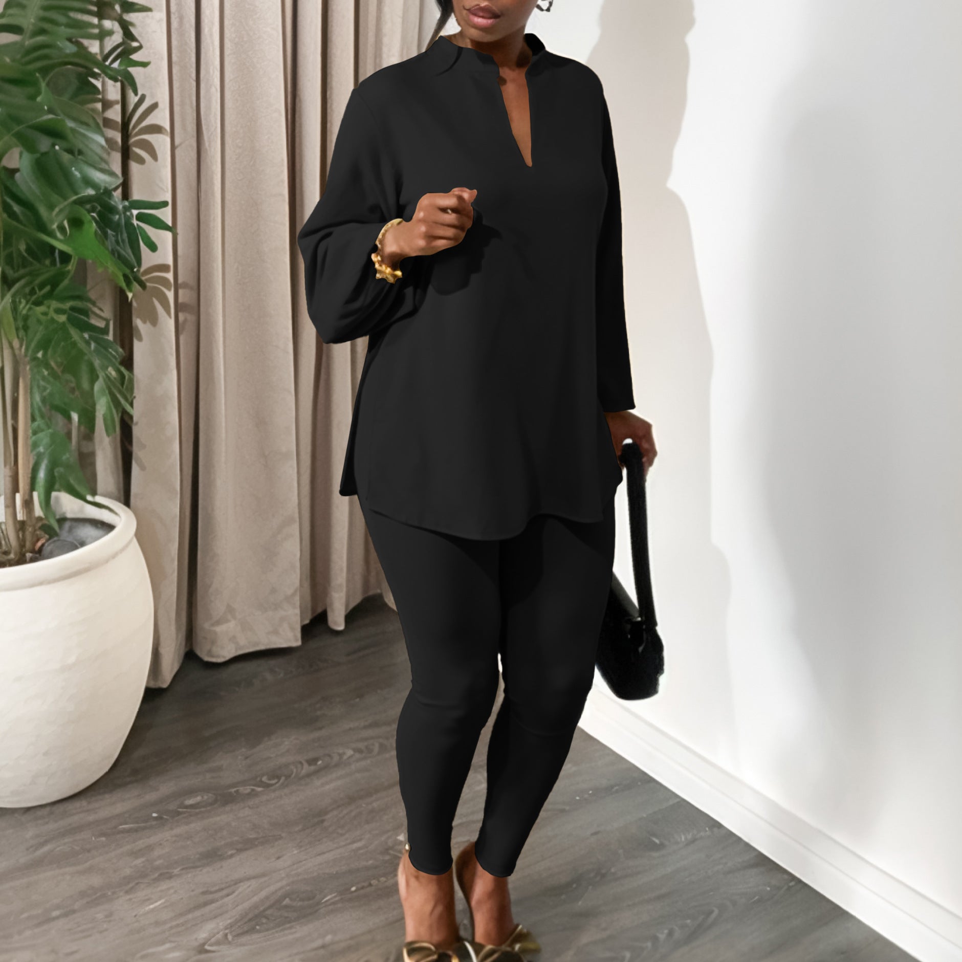 Women's Fall Winter Fashion Solid Color Plus Size V Neck Long Sleeve Top Pants African Suit 5