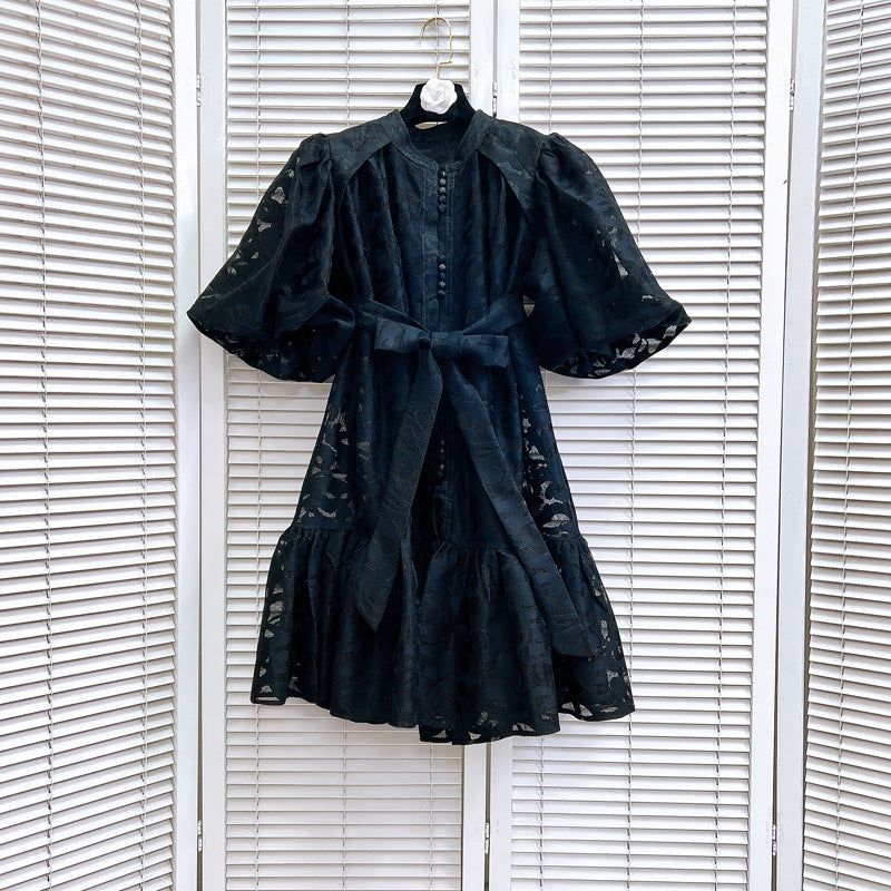 Women Round Neck Vintage Jacquard Puff Sleeve Casual Belt Dress 9