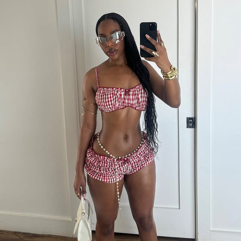 Women Summer Holidays Plaid Suspender Top Shorts Swimwear  Two-piece Set 3